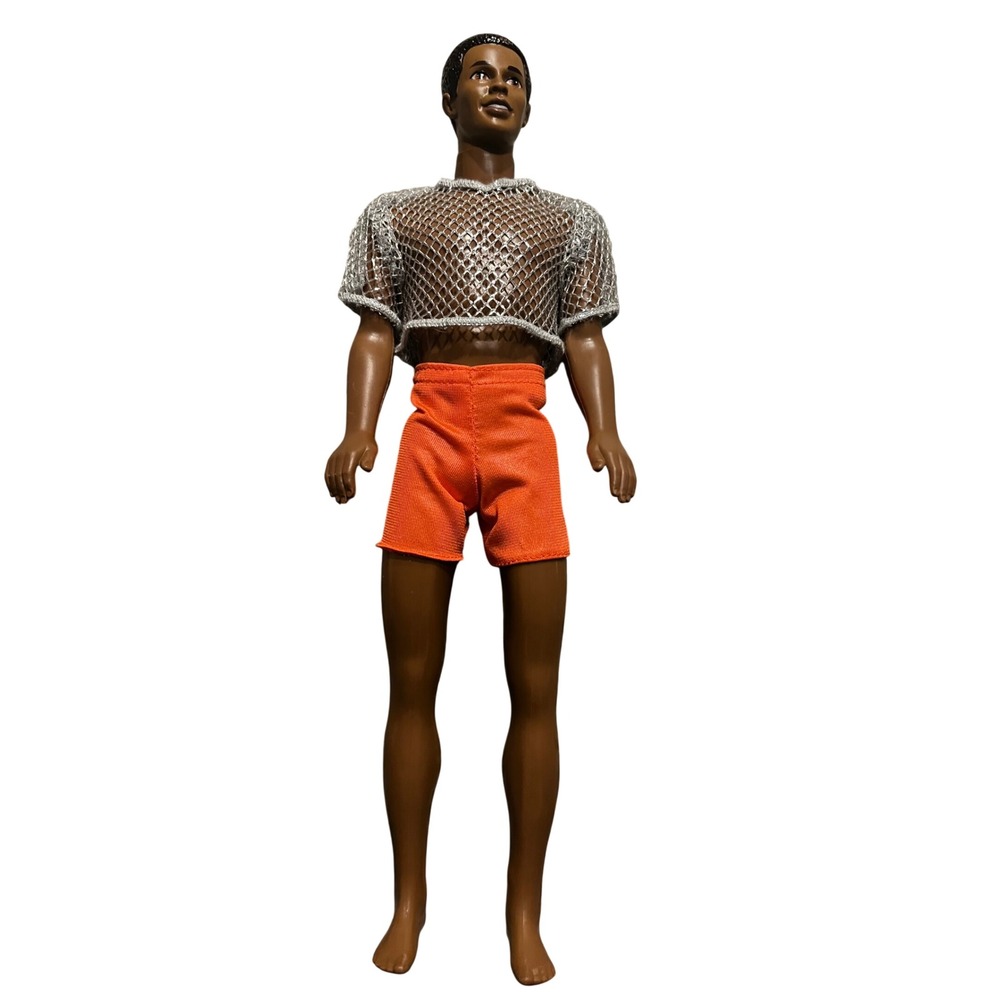 Vintage Barbie Steven Doll Silver Mesh Crop Top Orange Shorts Mattel 90s Fashion
